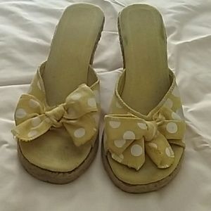 Yellow with white polka dots, wedge heel